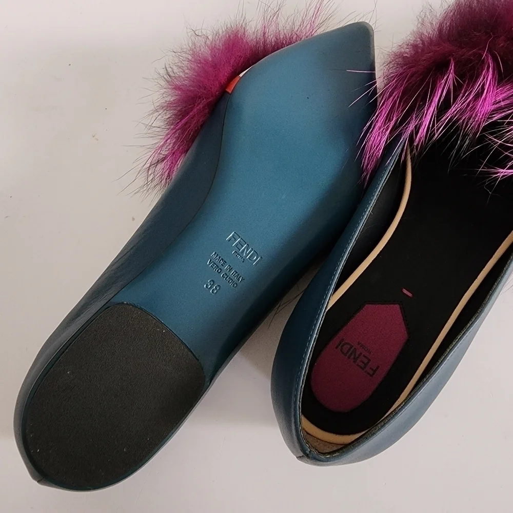 NEW Fendi Leather And Fur Monster Eye Pointed Toe Ballet Flats Size 38 - Picture 13 of 13